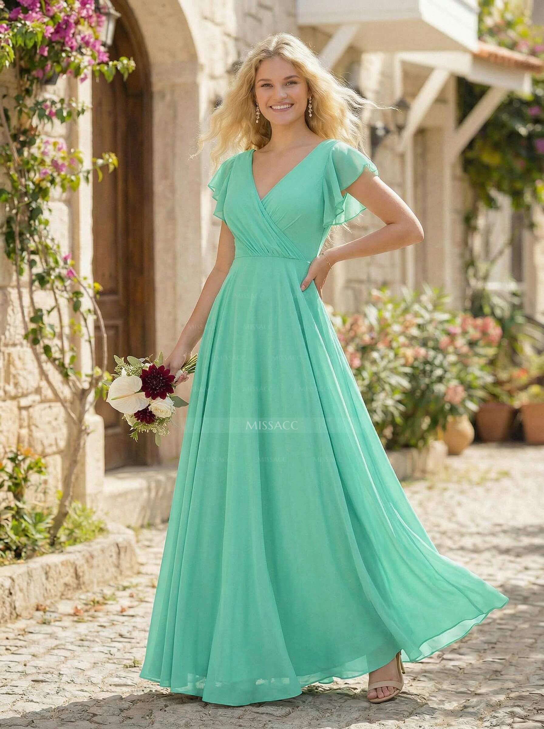 Minimalistic A-Line V-Neck Flutter Sleeve Chiffon Bridesmaid Dresses