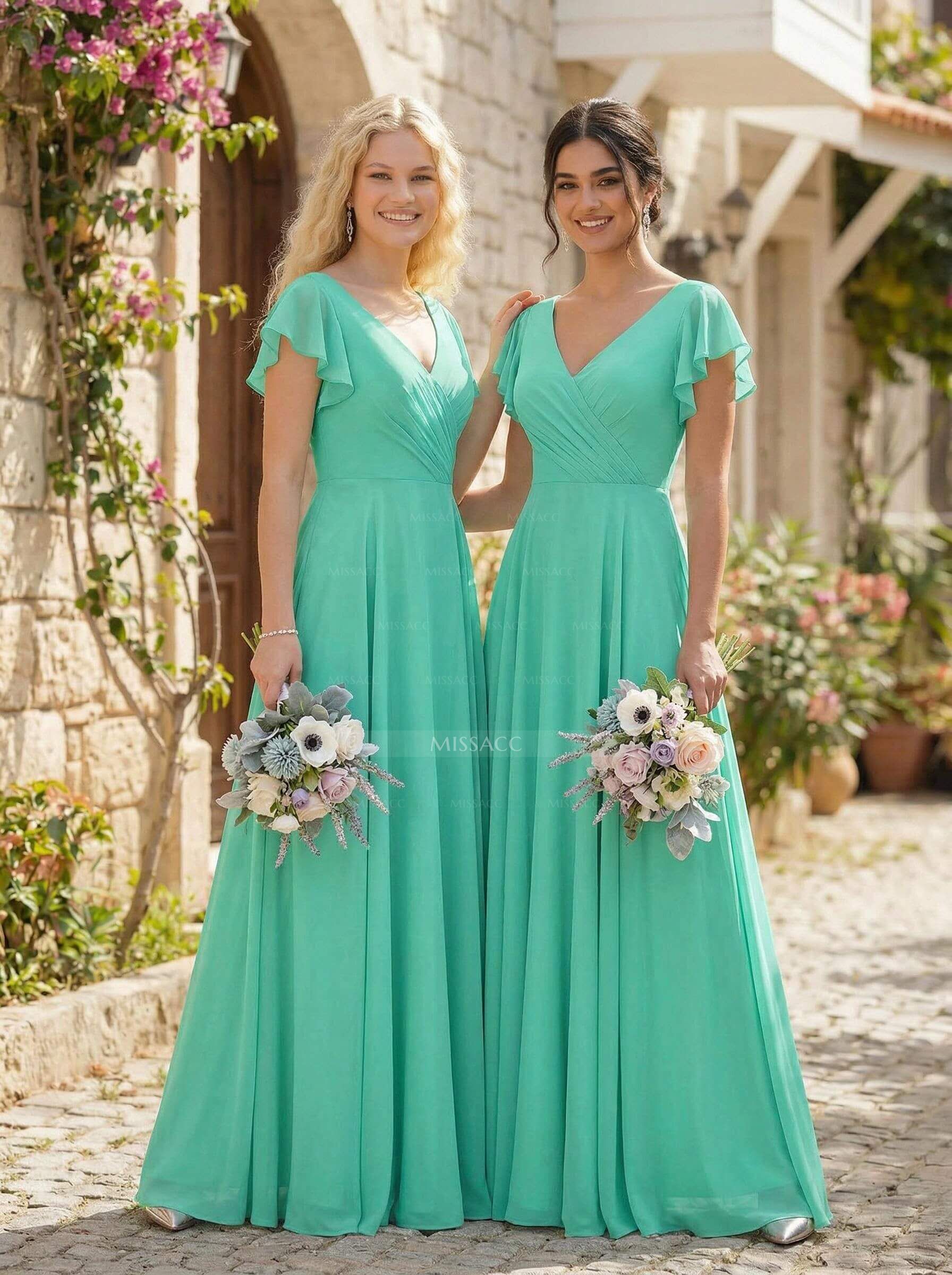 Minimalistic A-Line V-Neck Flutter Sleeve Chiffon Bridesmaid Dresses