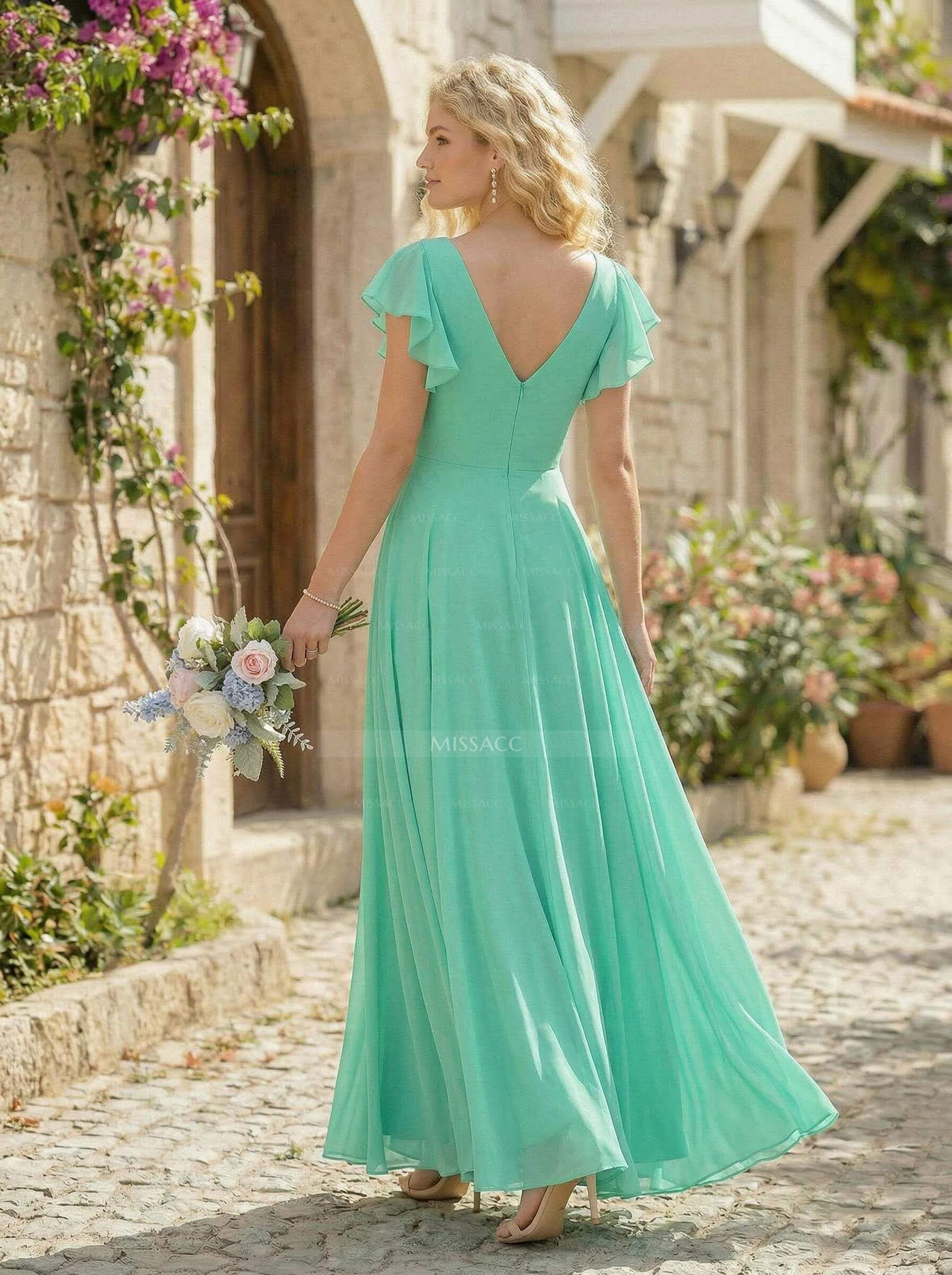 Minimalistic A-Line V-Neck Flutter Sleeve Chiffon Bridesmaid Dresses