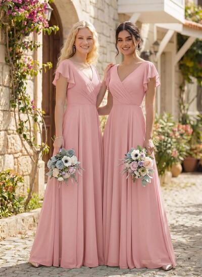 Minimalistic A-Line V-Neck Flutter Sleeve Chiffon Bridesmaid Dresses