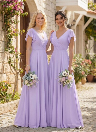 Minimalistic A-Line V-Neck Flutter Sleeve Chiffon Bridesmaid Dresses