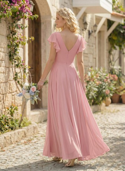 Minimalistic A-Line V-Neck Flutter Sleeve Chiffon Bridesmaid Dresses
