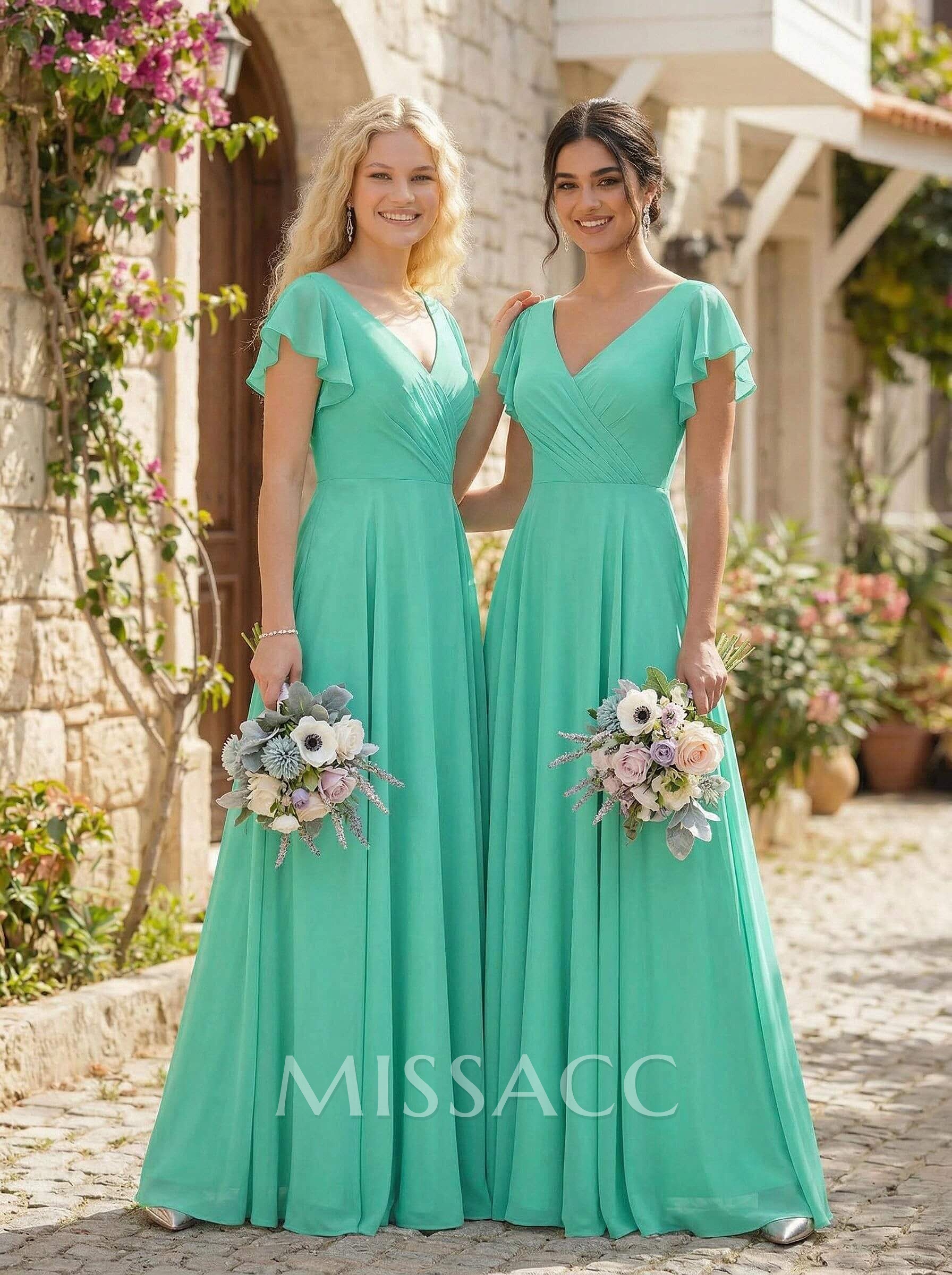 Minimalistic A-Line V-Neck Flutter Sleeve Chiffon Bridesmaid Dresses