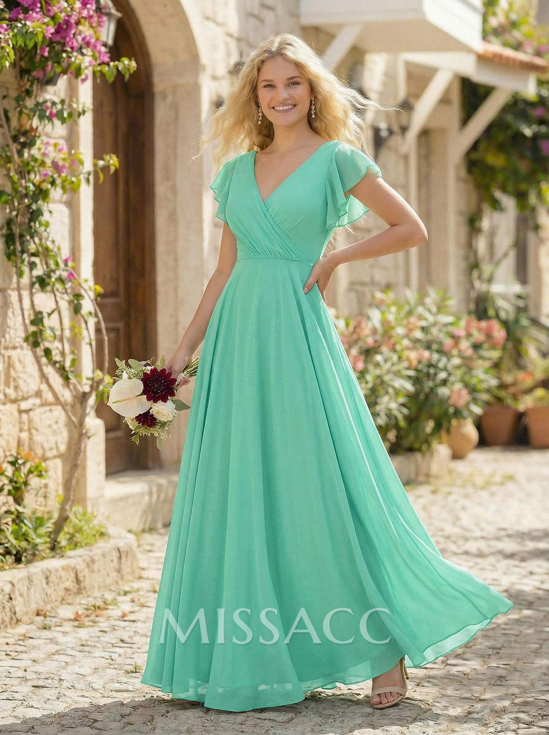 Minimalistic A-Line V-Neck Flutter Sleeve Chiffon Bridesmaid Dresses