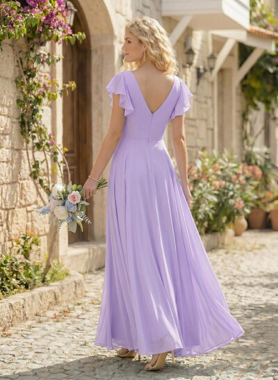 Minimalistic A-Line V-Neck Flutter Sleeve Chiffon Bridesmaid Dresses