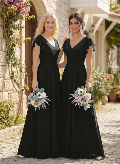 Minimalistic A-Line V-Neck Flutter Sleeve Chiffon Bridesmaid Dresses