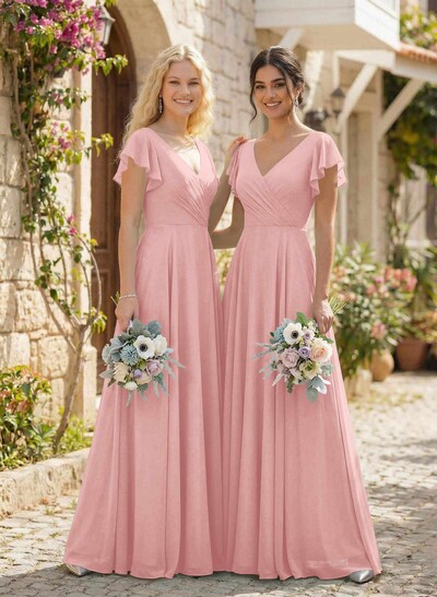 Minimalistic A-Line V-Neck Flutter Sleeve Chiffon Bridesmaid Dresses
