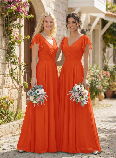 Minimalistic A-Line V-Neck Flutter Sleeve Chiffon Bridesmaid Dresses