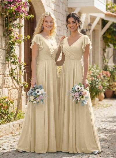 Minimalistic A-Line V-Neck Flutter Sleeve Chiffon Bridesmaid Dresses