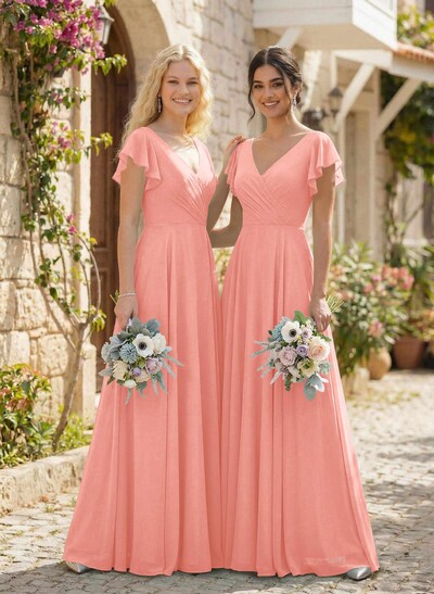 Minimalistic A-Line V-Neck Flutter Sleeve Chiffon Bridesmaid Dresses