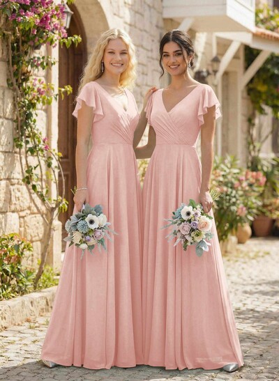 Minimalistic A-Line V-Neck Flutter Sleeve Chiffon Bridesmaid Dresses