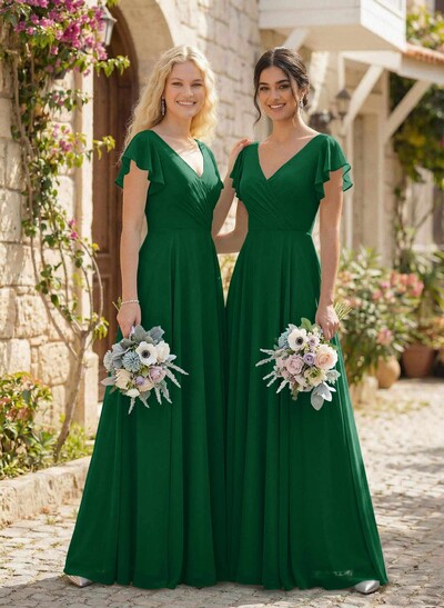 Minimalistic A-Line V-Neck Flutter Sleeve Chiffon Bridesmaid Dresses
