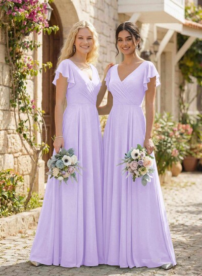 Minimalistic A-Line V-Neck Flutter Sleeve Chiffon Bridesmaid Dresses