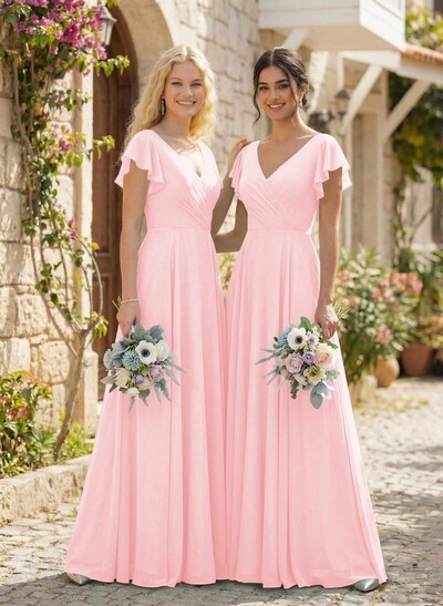 Minimalistic A-Line V-Neck Flutter Sleeve Chiffon Bridesmaid Dresses