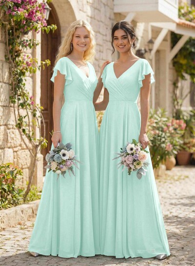 Minimalistic A-Line V-Neck Flutter Sleeve Chiffon Bridesmaid Dresses