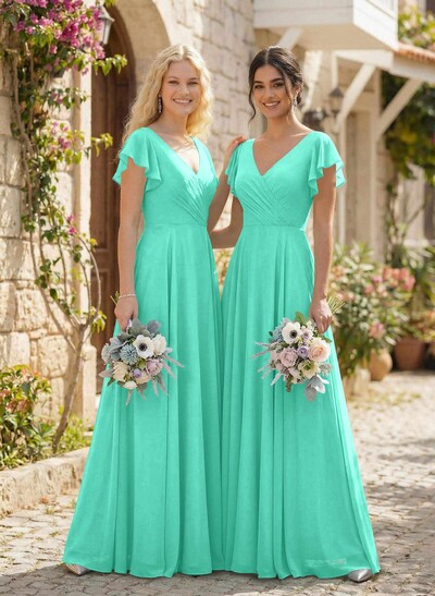 Minimalistic A-Line V-Neck Flutter Sleeve Chiffon Bridesmaid Dresses