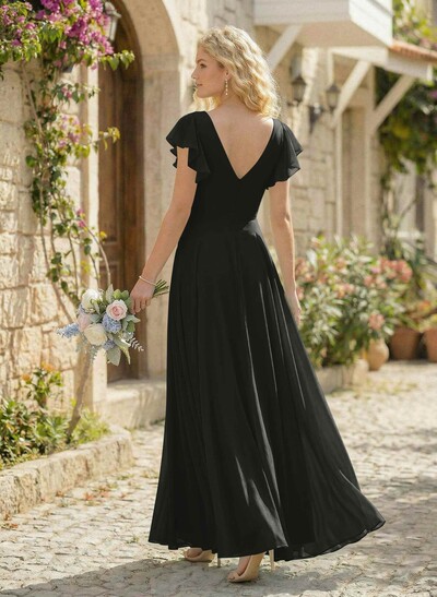 Minimalistic A-Line V-Neck Flutter Sleeve Chiffon Bridesmaid Dresses