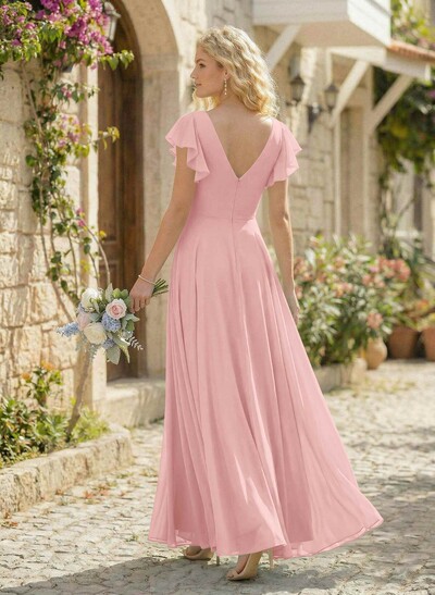 Minimalistic A-Line V-Neck Flutter Sleeve Chiffon Bridesmaid Dresses