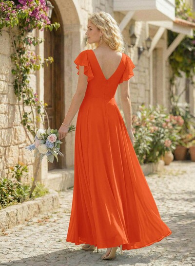 Minimalistic A-Line V-Neck Flutter Sleeve Chiffon Bridesmaid Dresses