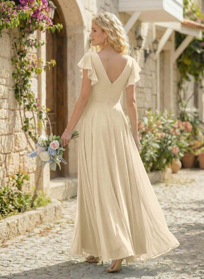 Minimalistic A-Line V-Neck Flutter Sleeve Chiffon Bridesmaid Dresses