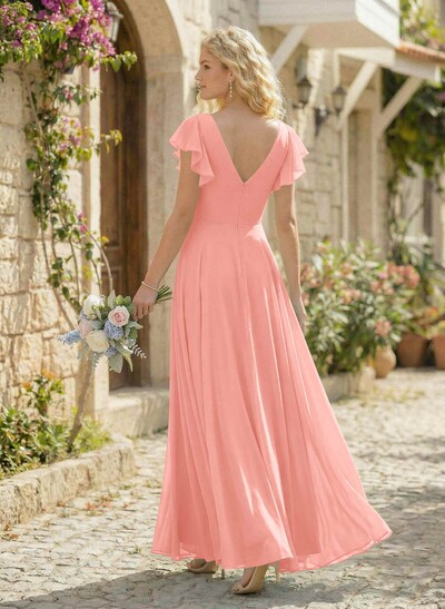 Minimalistic A-Line V-Neck Flutter Sleeve Chiffon Bridesmaid Dresses