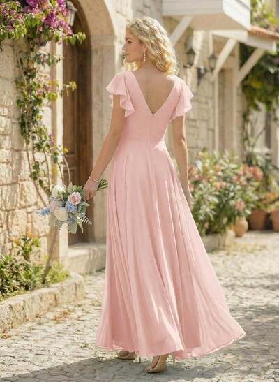 Minimalistic A-Line V-Neck Flutter Sleeve Chiffon Bridesmaid Dresses