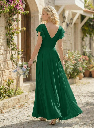Minimalistic A-Line V-Neck Flutter Sleeve Chiffon Bridesmaid Dresses