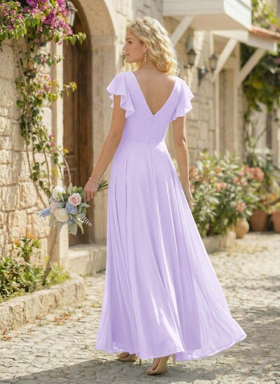 Minimalistic A-Line V-Neck Flutter Sleeve Chiffon Bridesmaid Dresses