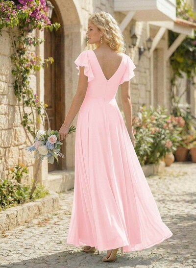 Minimalistic A-Line V-Neck Flutter Sleeve Chiffon Bridesmaid Dresses