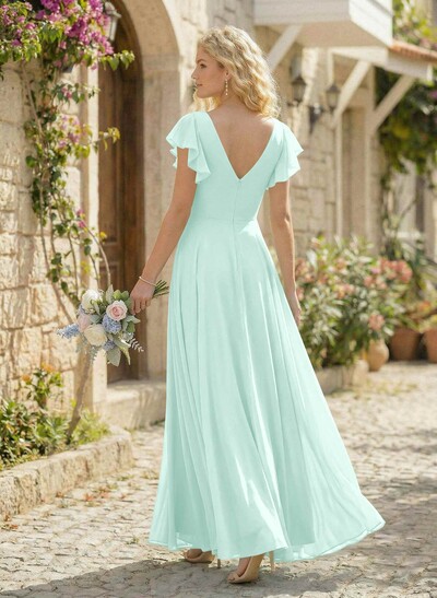 Minimalistic A-Line V-Neck Flutter Sleeve Chiffon Bridesmaid Dresses