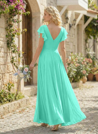 Minimalistic A-Line V-Neck Flutter Sleeve Chiffon Bridesmaid Dresses