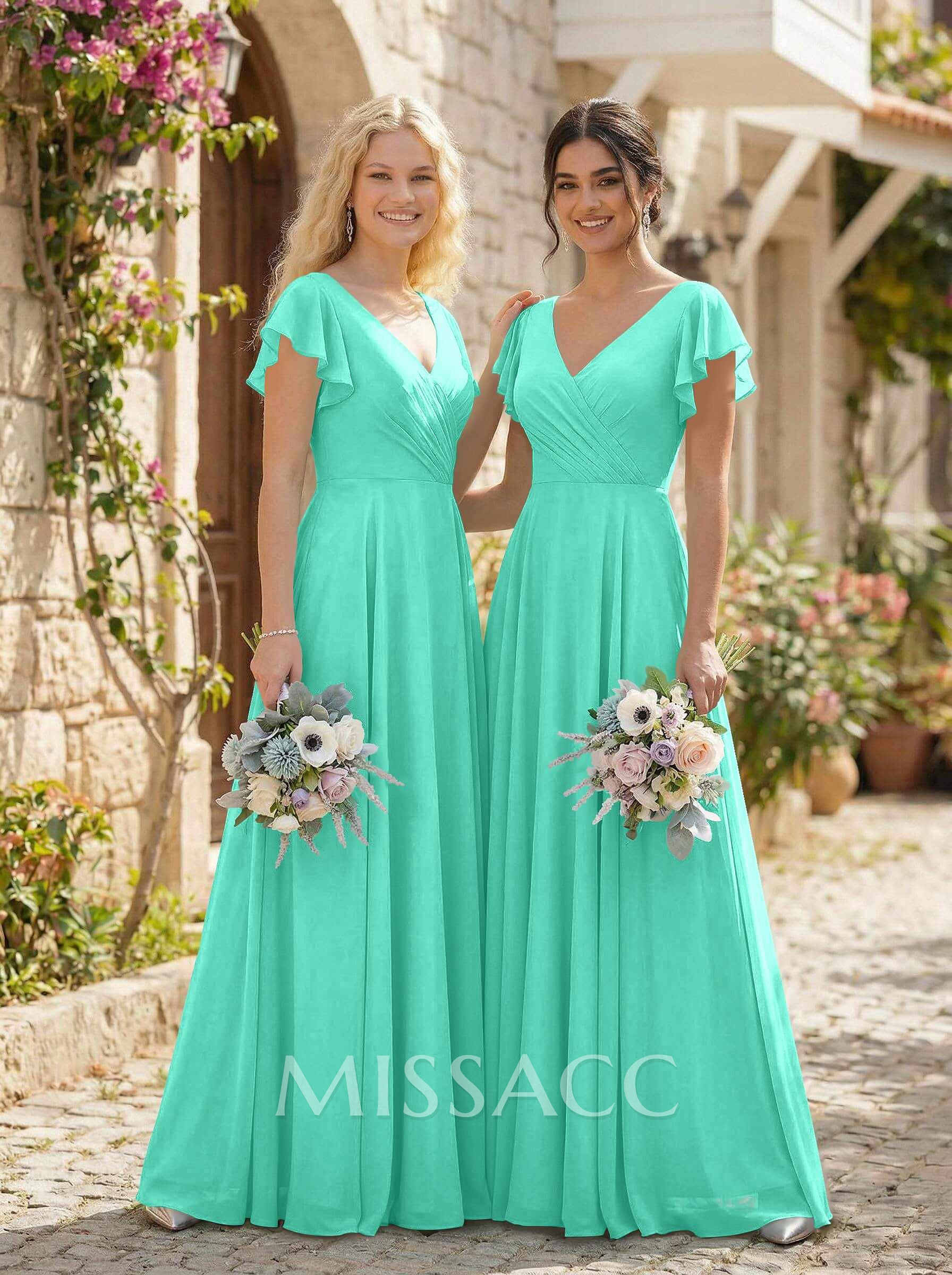 Minimalistic A-Line V-Neck Flutter Sleeve Chiffon Bridesmaid Dresses