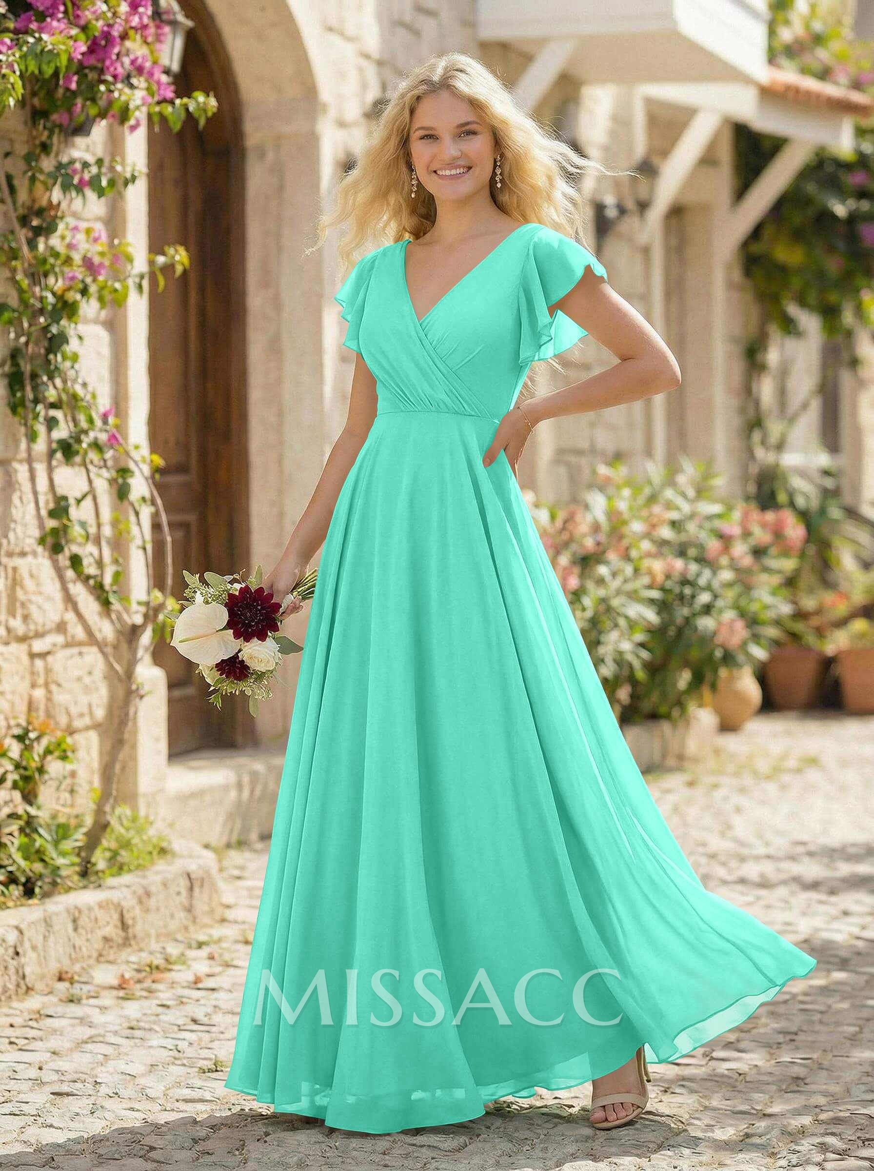 Minimalistic A-Line V-Neck Flutter Sleeve Chiffon Bridesmaid Dresses