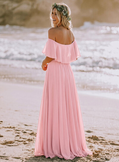 A-Line Off-The-Shoulder Sleeveless Floor-Length Chiffon Bridesmaid Dresses With