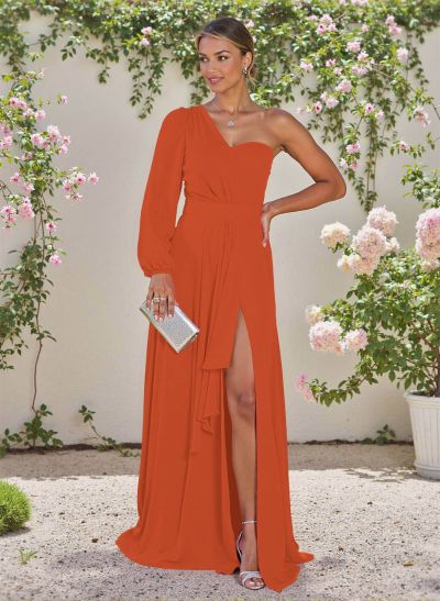 Classic A-Line One-Shoulder Long Sleeves Chiffon Bridesmaid Dresses With High Split