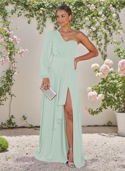 Classic A-Line One-Shoulder Long Sleeves Chiffon Bridesmaid Dresses With High Split