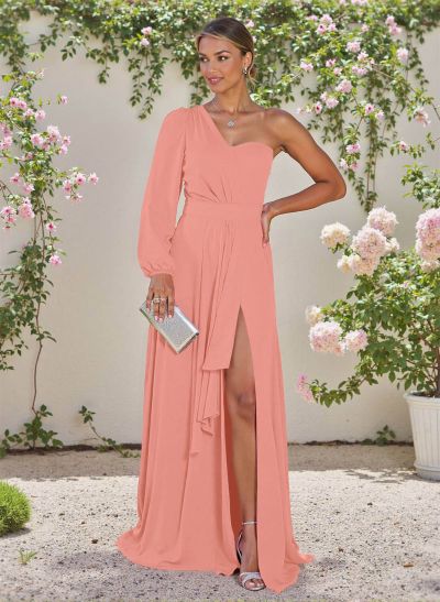 Classic A-Line One-Shoulder Long Sleeves Chiffon Bridesmaid Dresses With High Split