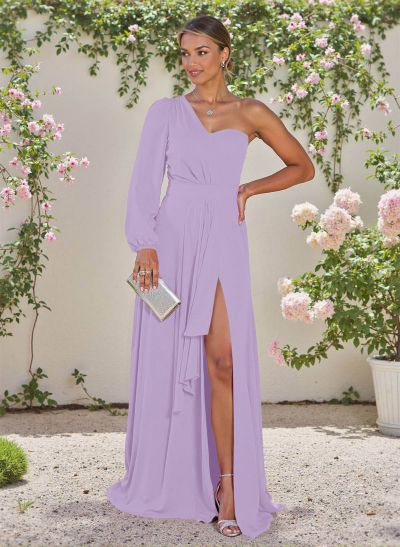 Classic A-Line One-Shoulder Long Sleeves Chiffon Bridesmaid Dresses With High Split