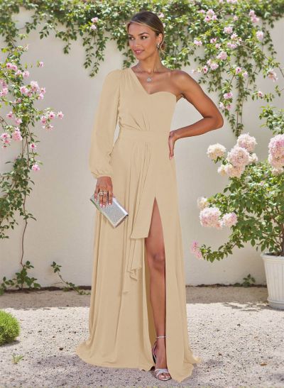 Classic A-Line One-Shoulder Long Sleeves Chiffon Bridesmaid Dresses With High Split