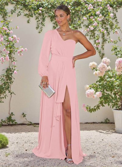 Classic A-Line One-Shoulder Long Sleeves Chiffon Bridesmaid Dresses With High Split