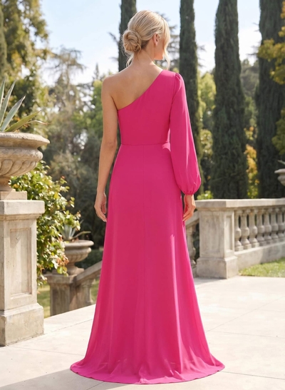 Classic A-Line One-Shoulder Long Sleeves Chiffon Bridesmaid Dresses With High Split