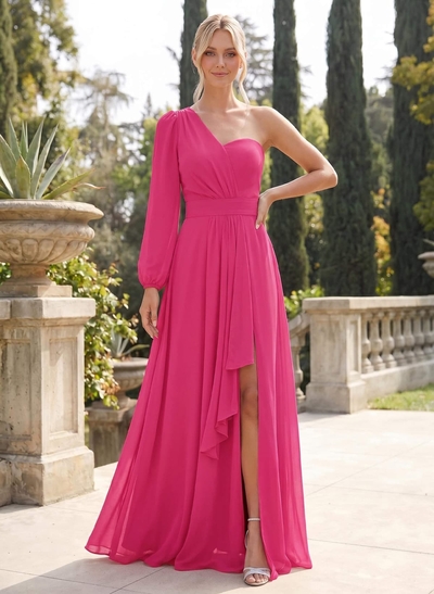 Classic A-Line One-Shoulder Long Sleeves Chiffon Bridesmaid Dresses With High Split