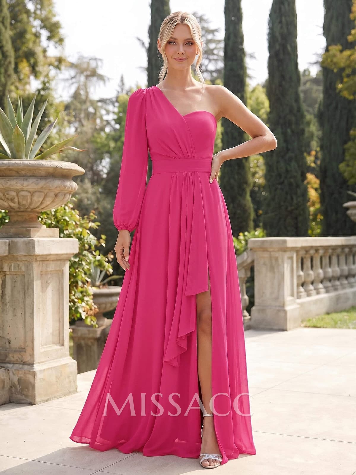 Classic A-Line One-Shoulder Long Sleeves Chiffon Bridesmaid Dresses With High Split
