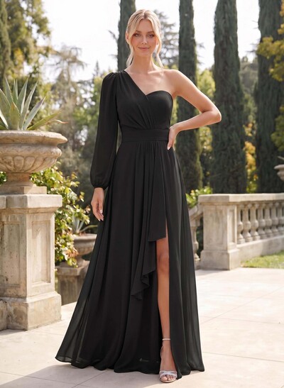 Classic A-Line One-Shoulder Long Sleeves Chiffon Bridesmaid Dresses With High Split