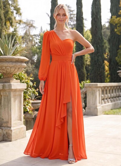 Classic A-Line One-Shoulder Long Sleeves Chiffon Bridesmaid Dresses With High Split