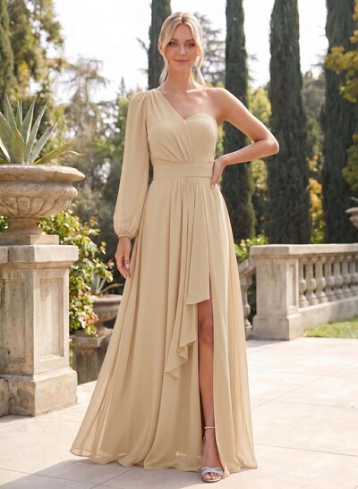 Classic A-Line One-Shoulder Long Sleeves Chiffon Bridesmaid Dresses With High Split