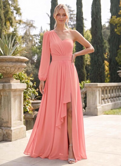 Classic A-Line One-Shoulder Long Sleeves Chiffon Bridesmaid Dresses With High Split