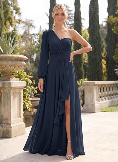 Classic A-Line One-Shoulder Long Sleeves Chiffon Bridesmaid Dresses With High Split
