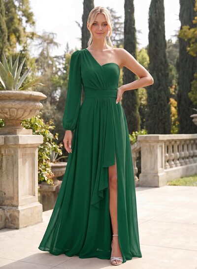 Classic A-Line One-Shoulder Long Sleeves Chiffon Bridesmaid Dresses With High Split