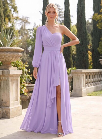 Classic A-Line One-Shoulder Long Sleeves Chiffon Bridesmaid Dresses With High Split